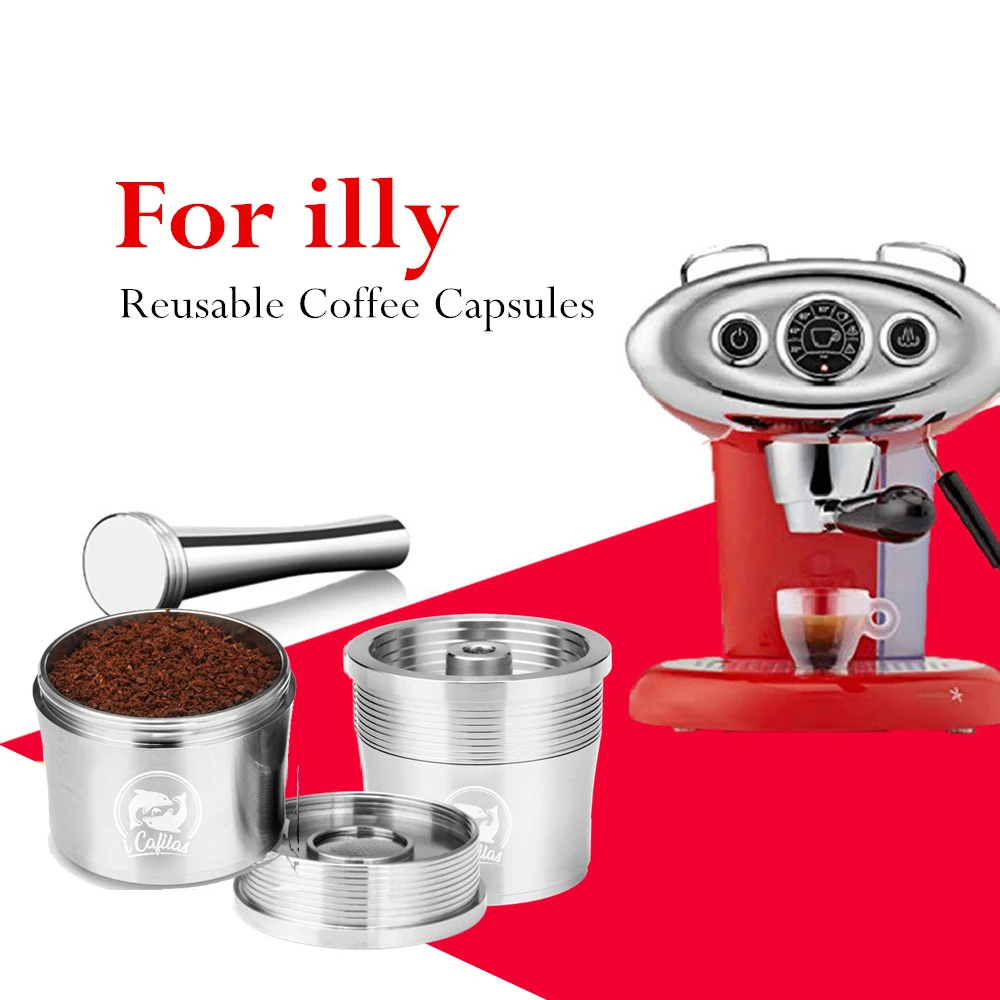 ICafilas Resuable Coffee Capsule Filter Fit for illy Coffee Machine Refilable Stainless Steel Coffee Capsule Tamper Spoon