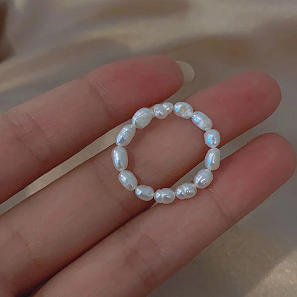New Minimalist Multi Bead Freshwater Pearl Geometric Rings Women Finger Jewelry Fashion Adjustable Elastic Ring