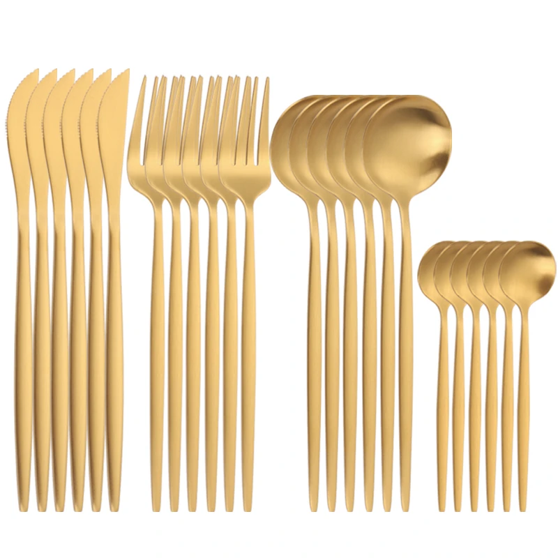 24pcs Gold Tableware Set 18/10 Stainless Steel Dinnerware Set Knife Fork Spoon Flatware Set Dishwasher Safe Cutlery Set Gift Box