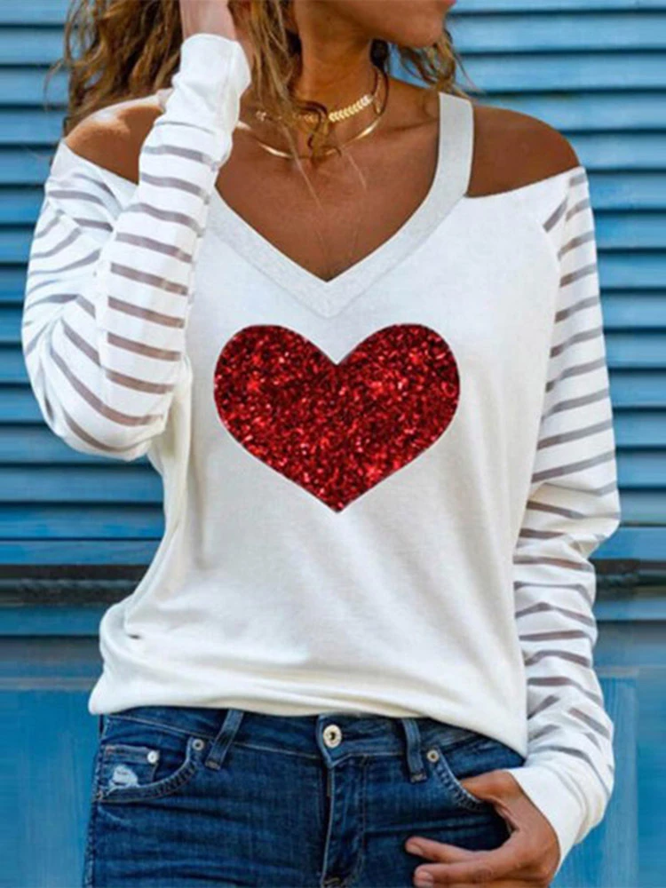 Casual Women V Neck Heart Print Blouses Shirts Elegant Hollow Out Halter Pullover Tops Sexy Striped Patchwork Long Sleeve Blusas