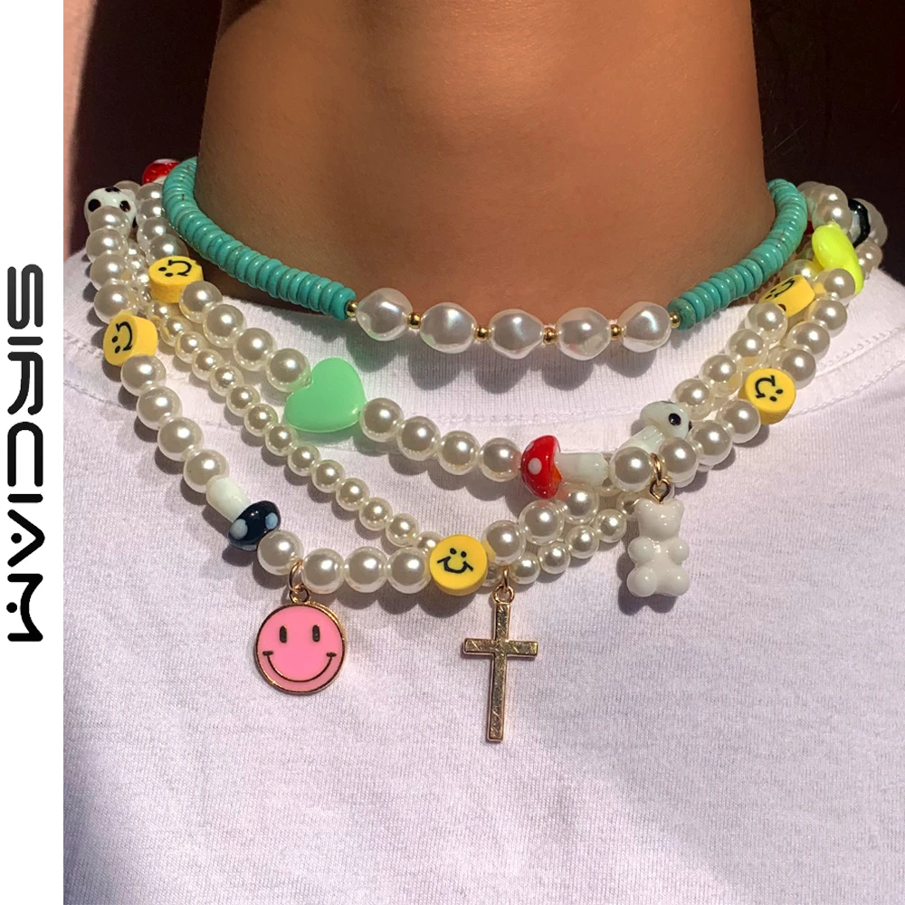 Boho Smile Face Pearl Beaded Necklace For Women Colorful Heart Bead Handmade Necklaces Imitation Pearls Choker Sweet Jewelry New