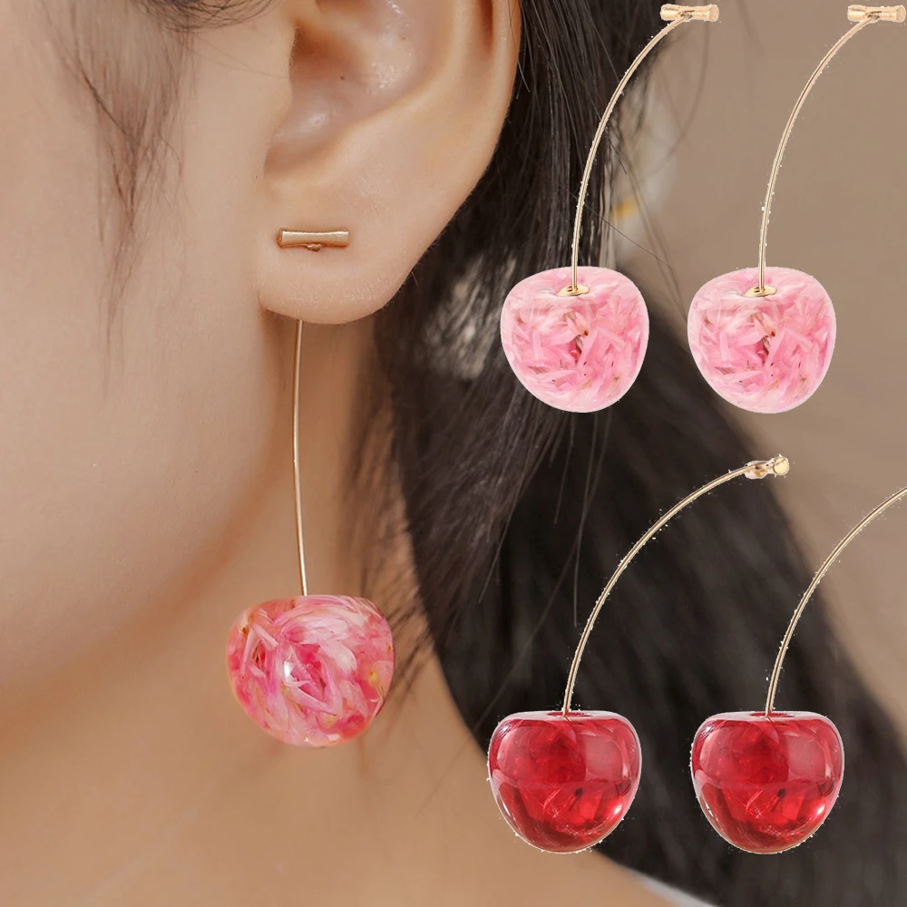 Fashion Cherry Earrings for Women Elegant Dried Flower Resin Cherries Pendant Earrings Wholesale Jewelry