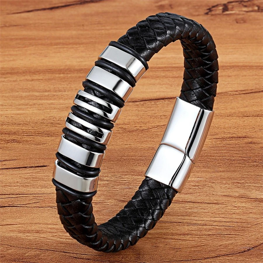 TYO 15 Style Choose Genuine Leather Cool Black Gold Creative Design Stainless Steel Magnetic Buckle Charm Men Leather Bracelet