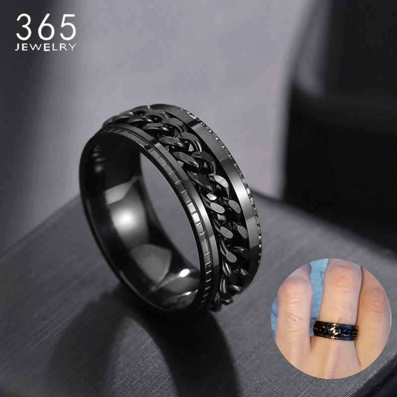 1 Pcs Punk 8mm Cool Black Spinner Chain Ring Men Stainless Steel Tire Texture Rotatable Links Ring Male Jewelry Gift