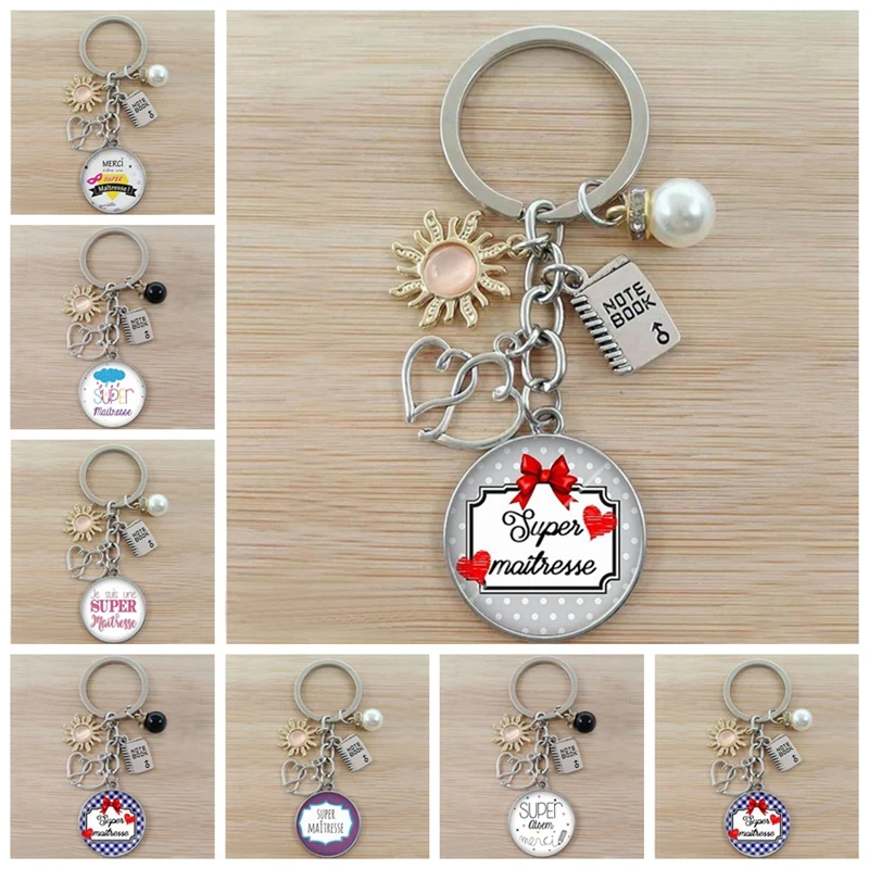 New teachers day gift keychain jewelry thank you teacher cute pattern pendant glass round charm bag keychain souvenir