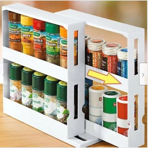 Double Layer Kitchen Spice Organizer Rack Multi-Function Rotating Storage Shelf Slide Kitchen Cabinet Cupboard Kitchen Storage