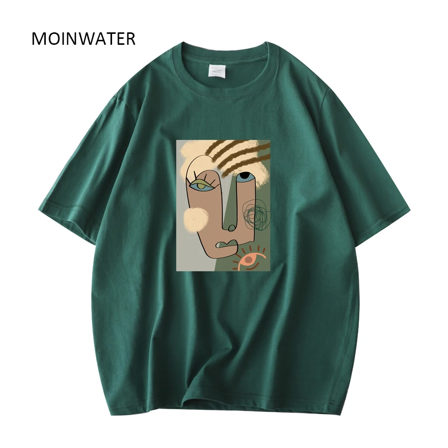 MOINWATER Women New Abstract Pattern Tshirts Lady Cotton Green Summer Tees Lady Khaki Short Sleeve Streetwear Tops MT21027