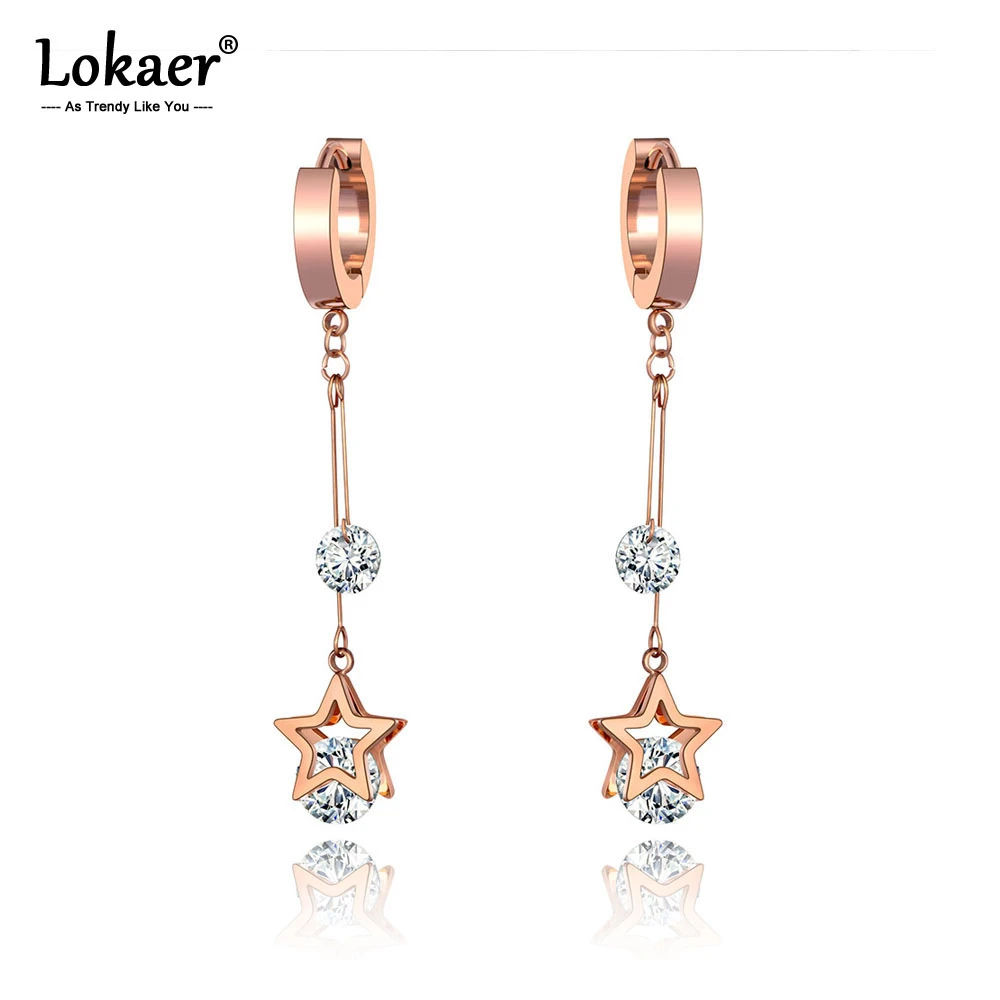 Lokaer Trendy Stainless Steel CZ Crystal Star Tassel Earrings Jewelry Sparkling Rose Gold Hoop Earrings For Women Girls E20009