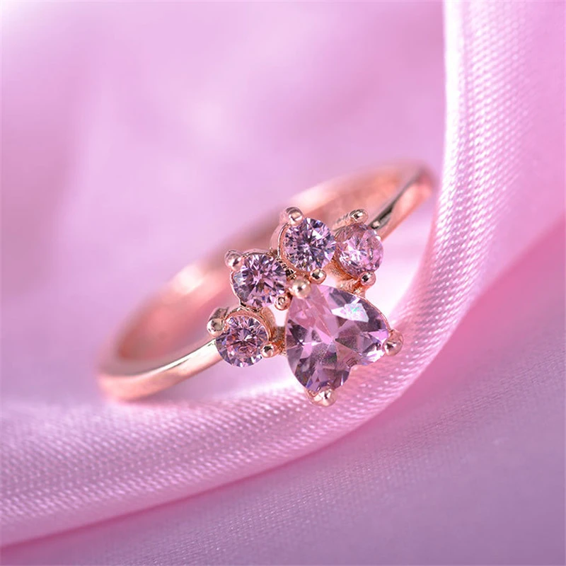 Cute Cartoon Cat's Paw Crystal Engagement Design Hot Sale Rings For Women Pink Zircon Cubic Elegant Rings Female Wedding Jewelry