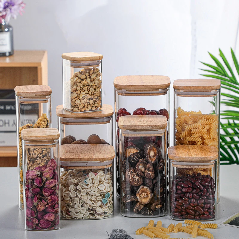 Square Sealed Glass Bottles New Tea Coffee Beans Transparent Glass Storage Boxes Candy and Snack Tins with Bamboo Lid