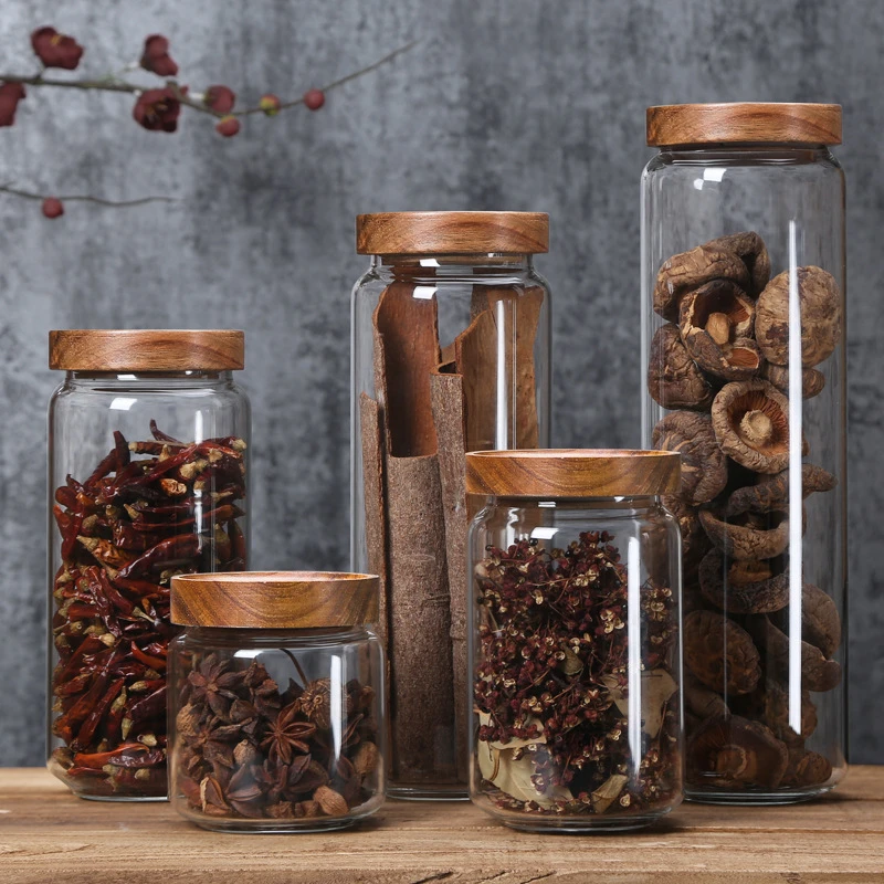 Wood Lid Glass Airtight Canister Kitchen Storage Bottles Jar Sealed Food Container Tea Coffee Beans Grains Candy Jars Orgnizer