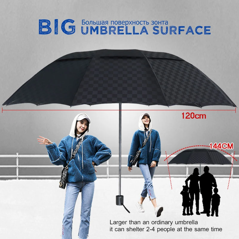 Double Layer 3Folding Umbrella Rain Women Men Big 10K Windproof Business Umbrellas Male Dark Grid Parasol Family Travel Paraguas