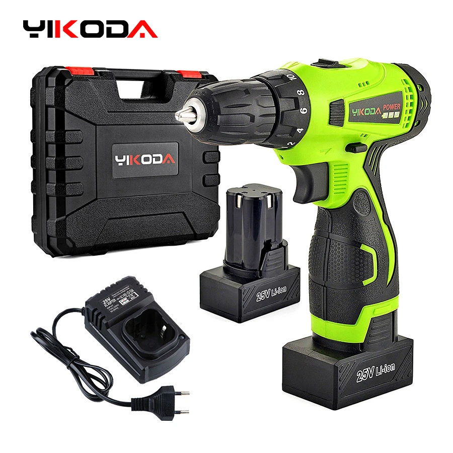 YIKODA 25V Electric Screwdriver Double Speed Lithium Battery Cordless Drill Power Driver Household DIY Rechargeable Tools