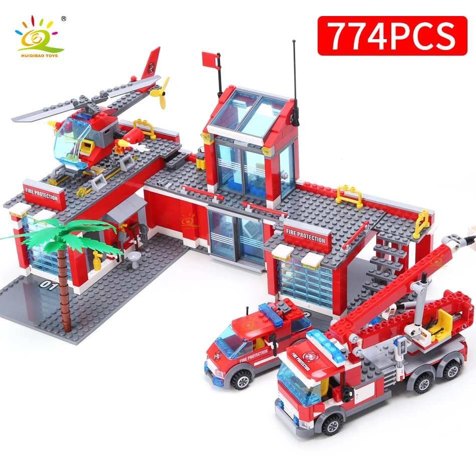 HUIQIBAO Blocks Toy 774pcs Fire Station Model Building Blocks City Construction Firefighter Truck Educational Bricks Toys Child