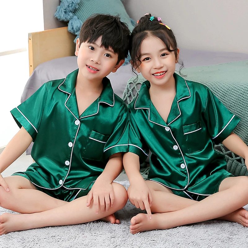Girls Pajamas Set Summer Short Sleeve Children's Sleepwear Set Fake Silk Pajamas Boy Pyjamas Sets for Kids Children's Day Gift