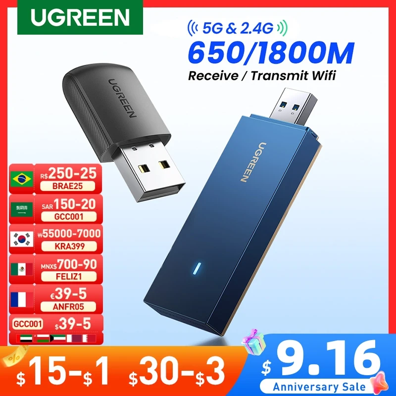 UGREEN Wifi Adapter Wireless Adapter 650Mbps USB WiFi 2.4G & 5G Network Card for PC Computer USB WiFi Adapter USB Ethernet WiFi