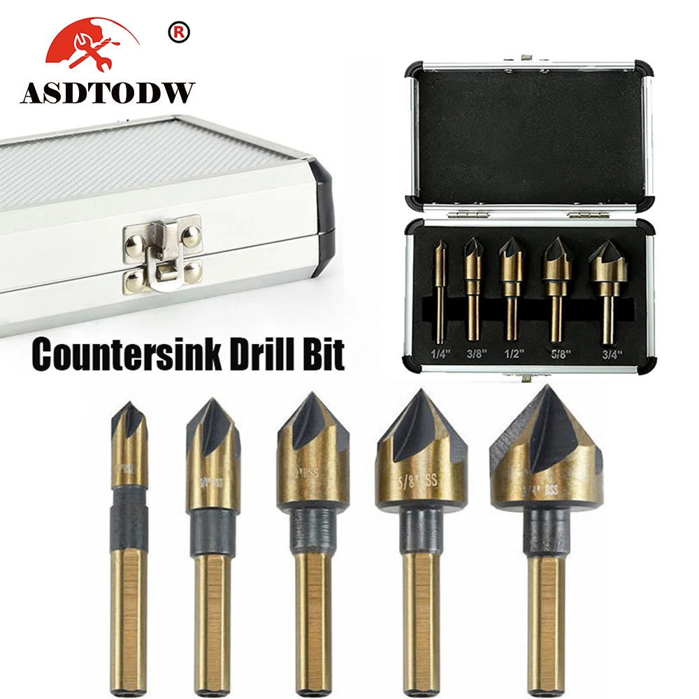 5Pcs/Set Industrial Countersink Drill Bit Tri-Flat Shank Quick Change Kit Tool