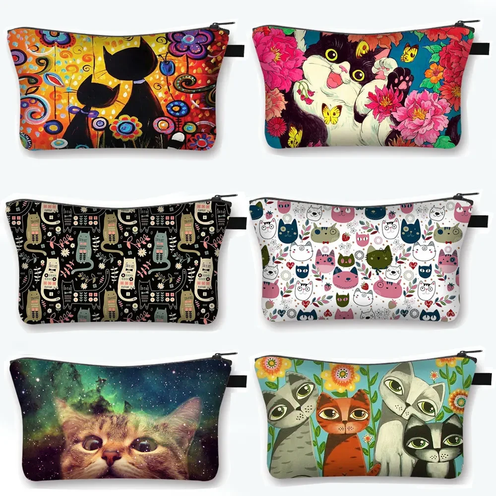 Cute Cat Print Cosmetic Case Women Makeup Bags Cartoon Kitten Cosmetic Bags Ladies Travel Storage Bag Girls Make Up Organizers