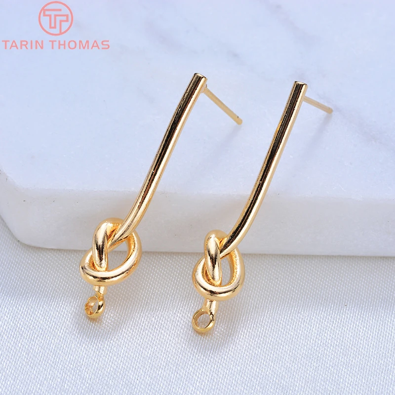 (116)4PCS 27MM 35MM 24K Gold Color Plated Brass Long Line with Knot Stud Earrings High Quality DIY Jewelry Making Findings