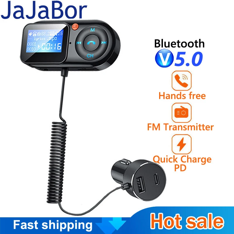 JaJaBor FM Modulator AUX Audio MP3 Player USB Type C PD Fast Charging Car Charger Handsfree Bluetooth 5.0 Car Kit FM Transmitter