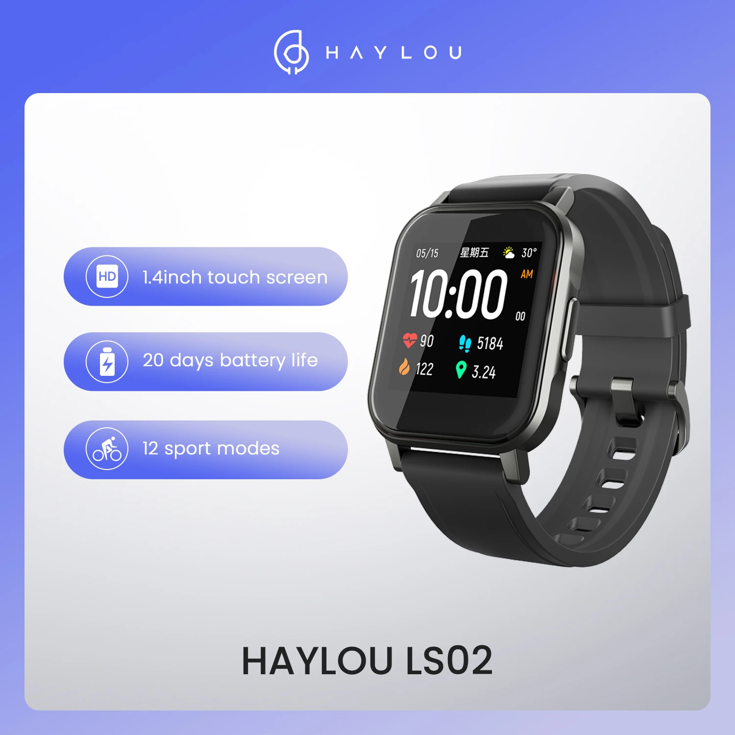 Haylou Solar Mini Haylou LS02 Smart Watch,IP68 Waterproof ,12 Sport Models,Bluetooth 5.0 Sport Heart Rate Monito,English Version