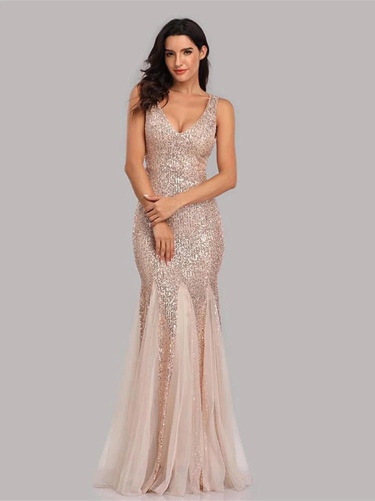 Plus Size V Neck Mermaid Cocktail Dress Long Formal Prom Party Gown Sequins Sleeveless Robe De Soriee Sexy Evening Vestido De