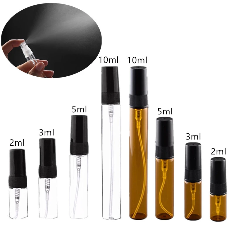 50pcs/lot 2ML 3ML 5ML 10ML Clear Black Glass Spray Bottle Black Perfume Atomizer Mini Sample Test Tube Bottle Thin Glass Vials