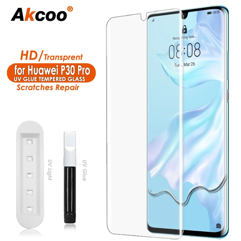 Akcoo P30 Pro Tempered Glass UV full glue for Huawei P30 Pro screen protector P30 lite 10D UV Glass film with Oleophobic Coating