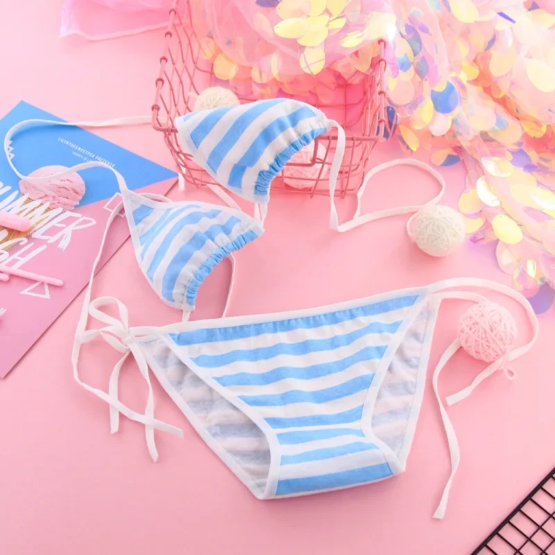 Japan Sexy Lingerie Lolita Kawaii Blue Pink White Striped Mini Bikini Adult Cosplay Erotic Costumes Bra Women Underwear 3pcs Set