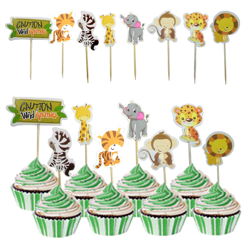 24pcs Safari Jungle Party Animal Cupcake Toppers Picks Birthday Party Decoration Kids Baby Shower Girl Favors Cupcake Toppers