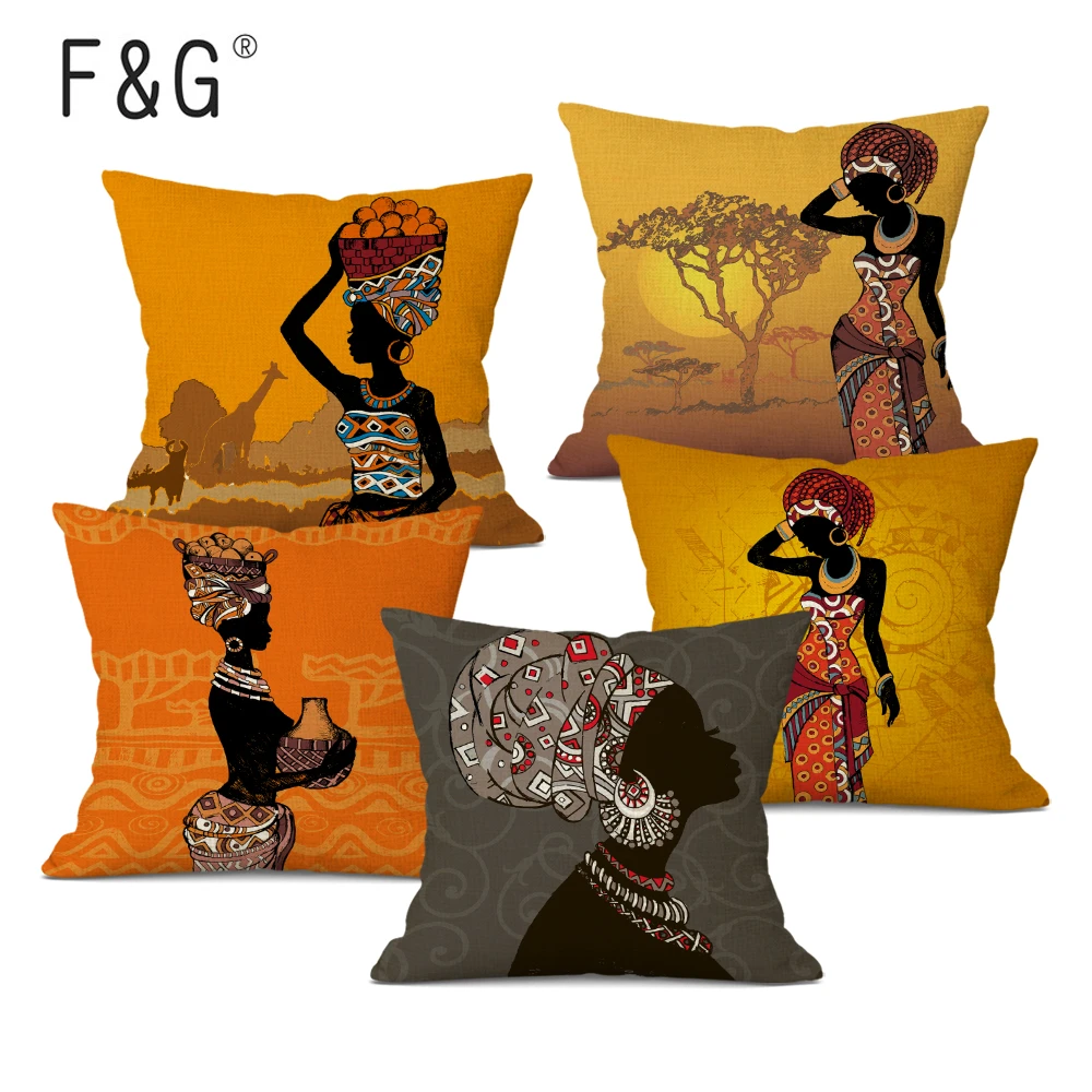 African Ethnic Woman Cushion Cover African Girl Decorative Pillow Case Linen Color Cloth Throw Pillow Cover for Sofa Home Decor