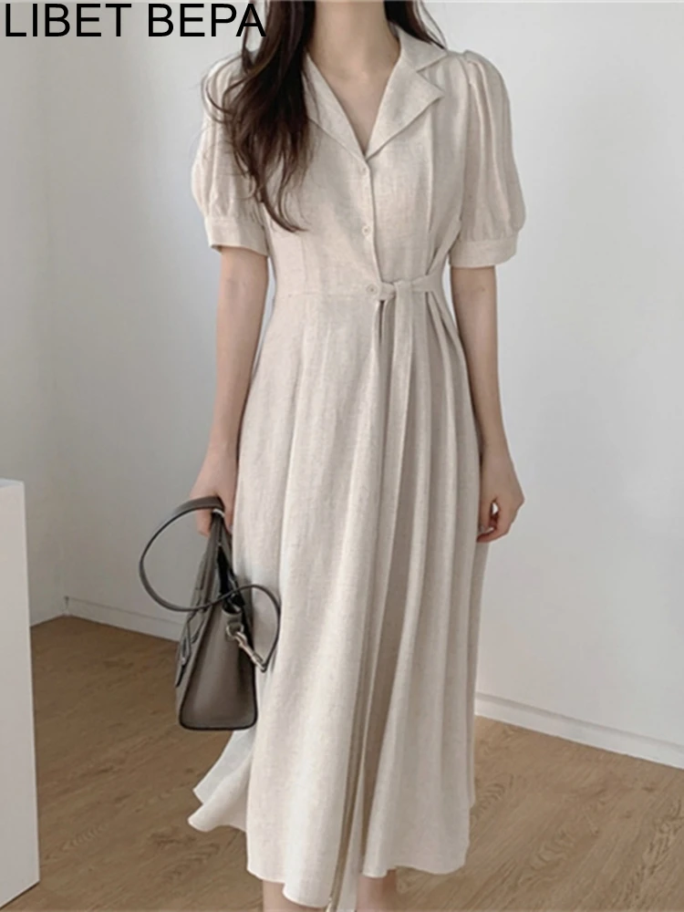 2021 New Women's Summer Shirt Dresses High Waist Vintage Puff Sleeve Lace Up Elegant Cotton and Linen Draped Long Dress DR2109