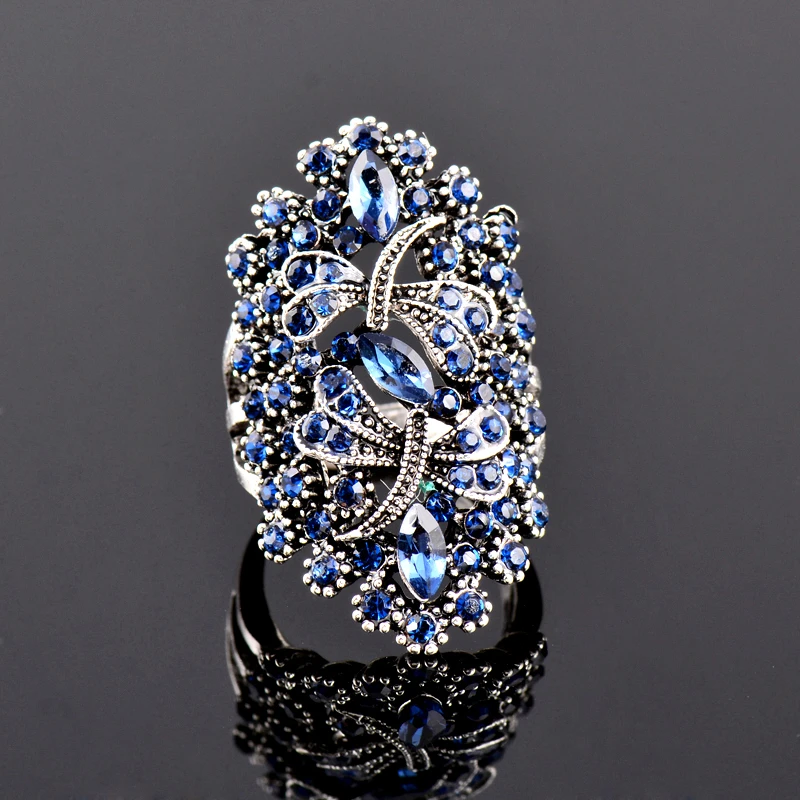 SINLEERY Vintage Big Hollow Blue Rhinestone Dragonfly Rings Women Antique Silver Color Wedding Party Jewelry JZ565 SSI