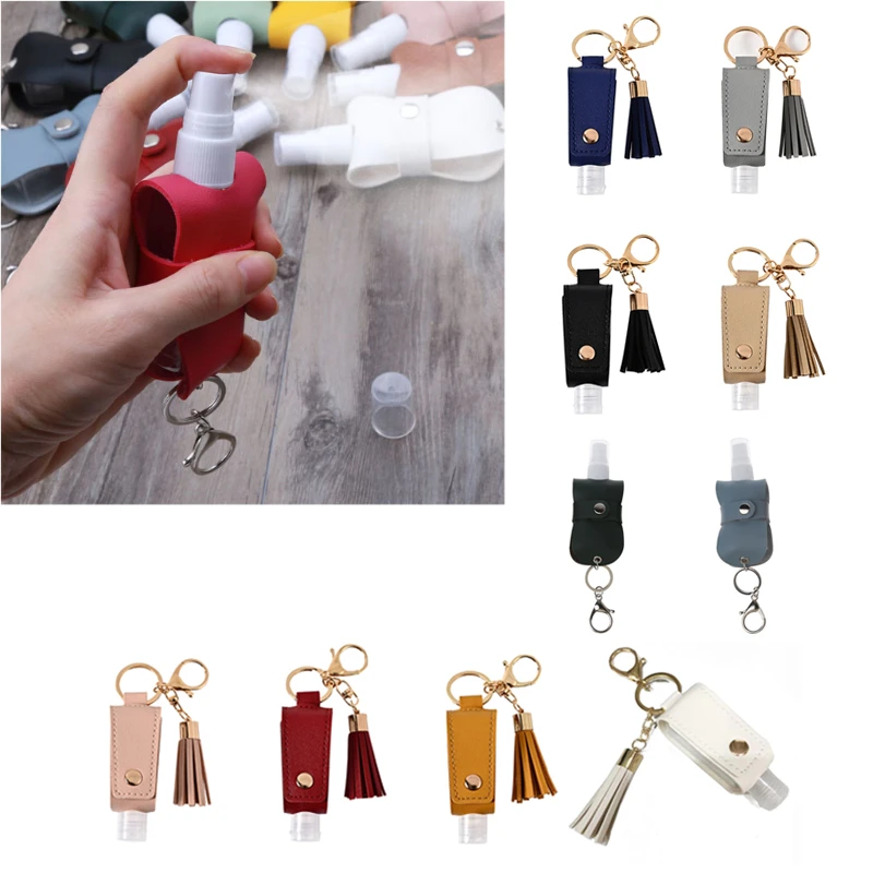 Portable 50ml Squeeze Spray Bottle Empty Leakproof Plastic Refillable Travel Mister Bottle with Leather Keychain Holder