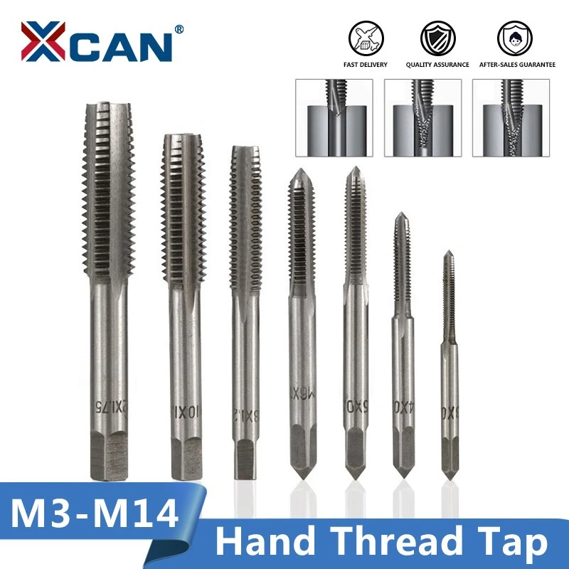 XCAN 1pc M3/M4/M5/M6/M7/M8/M10/M12/M14 Right Hand Thread Tap HSS Metric Hand Tap Straight Flute Screw Thread Tap Drill Bit