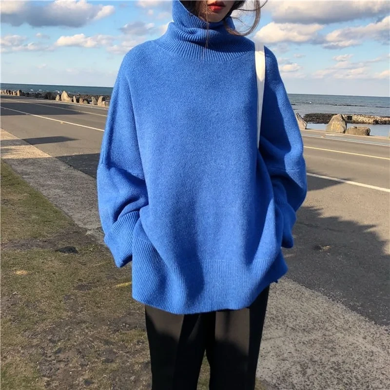 2021 Turtleneck Collar Sweater Spring Autumn New Pattern Long Sleeve Solid Knitting Pulloveres Overszie Casual Women Black Blue