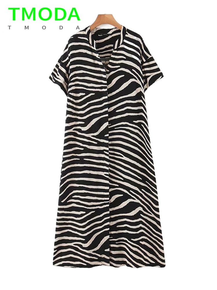 TMODA 2021 Za Summer Zebra Pattern Print Loose Midi Dress Women High Street Short Sleeve Sexy Vestidos Party Shirt Dress