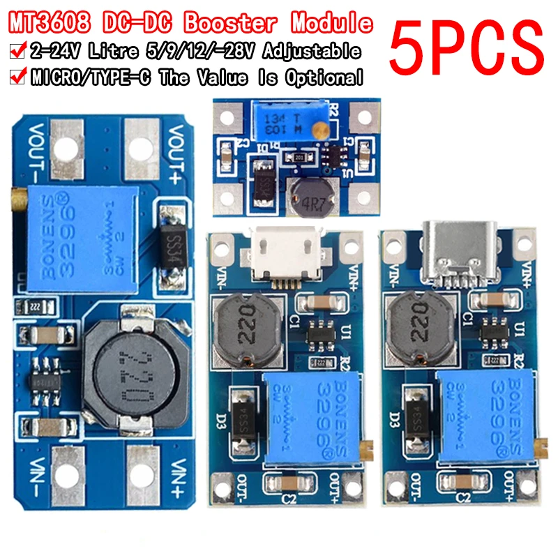 5PCS MT3608 DC-DC Step Up Converter Booster Power Supply Module Boost Step-up Board MAX output 28V 2A
