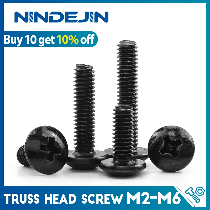 NINDEJIN 60/80Pcs M3 M4 TM Screws Phillips Truss Mushroom Head Screw Black Plated Electronic Carbon Steel Samll Screws
