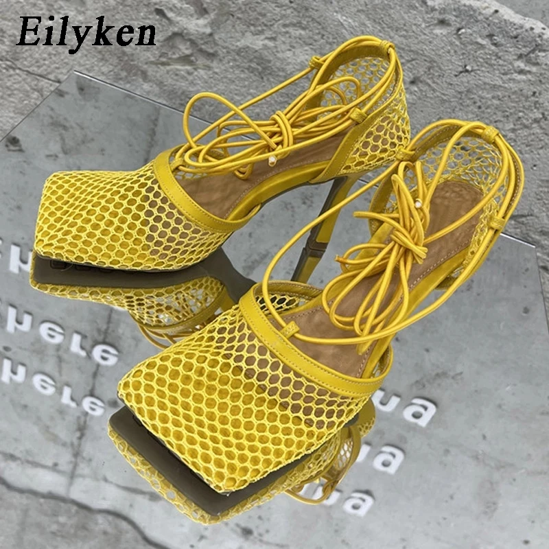 Eilyken Fashion Brand Woman Pumps Sexy Hollow Mesh Summer Sandals High Heels Square Toe Ankle Lace-Up Women Party Dress Shoes