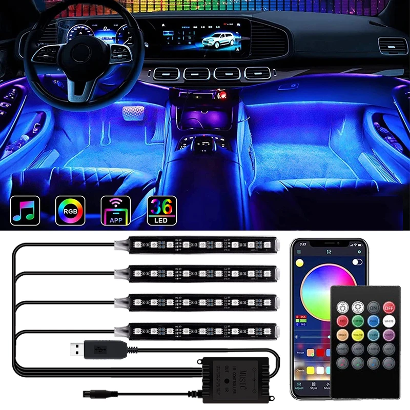 4pcs Car RGB USB LED Strip Light Interior Styling Decorative Atmosphere Lamps Strip LED With Remote Voice controlled rhythm lamp