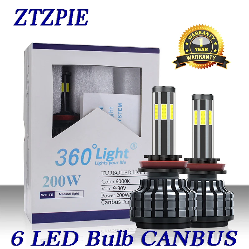 ZTZPIE 6000K 200W Car Light H8 H3 H7 H9 26000LM 9006/HB4 9005/HB3 H4 H11 h1 6/six Led Headlight Bulb Super Bright Car Light 12V