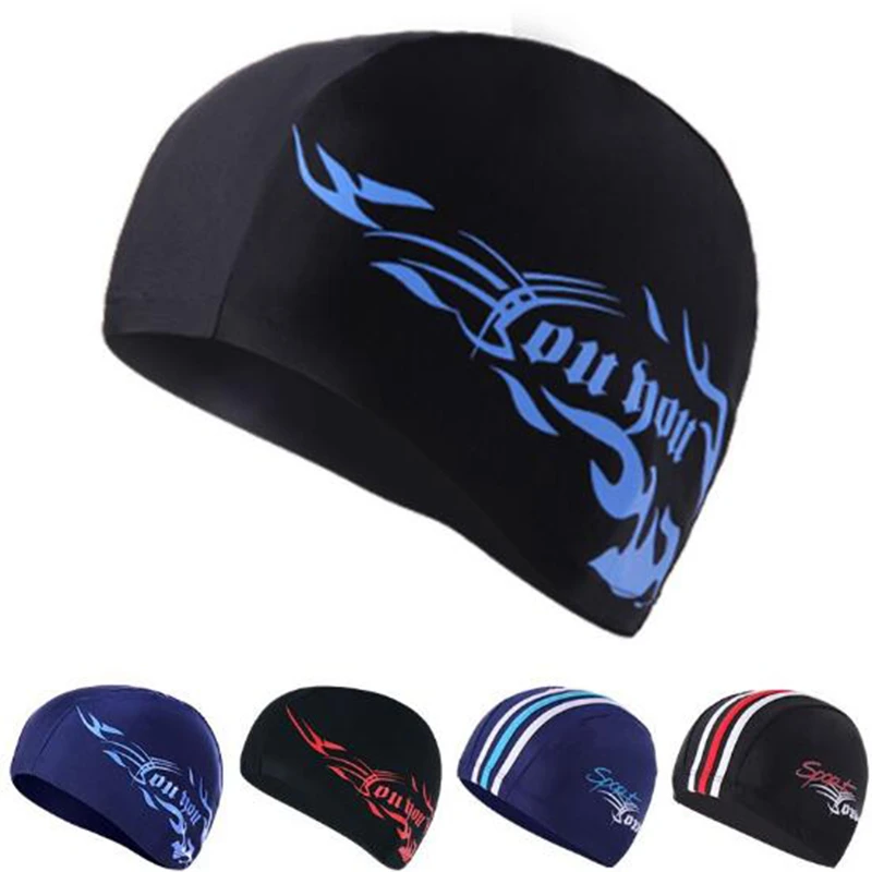 Men Swimming Caps Elastic Waterproof PU Fabric Protect Ears Long Hair Sports Swim Pool Hat Free Size for Men & Women Adults