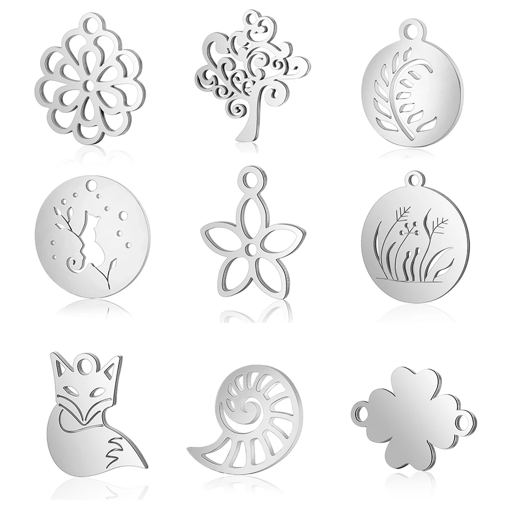 10pcs/lot Blossom Flower Fern DIY Charms Wholesale 100% Stainless Steel Tree of Life Sea Conch Pendant Plants Feather Charm