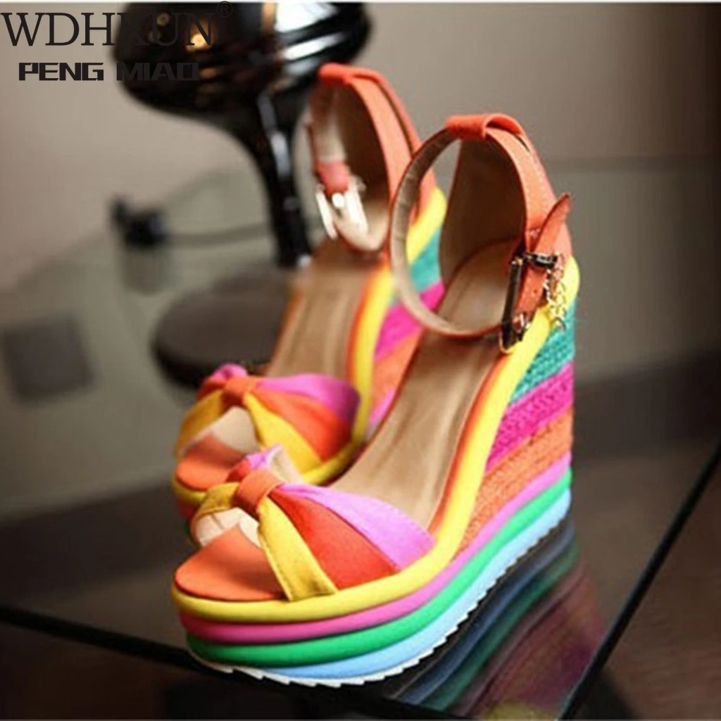 WDHKUN Summer Sandals Women Women's Ladies Wedges High Multicolor Patchwork Sandals Peep Toe Roman Shoes Sandals High Heels