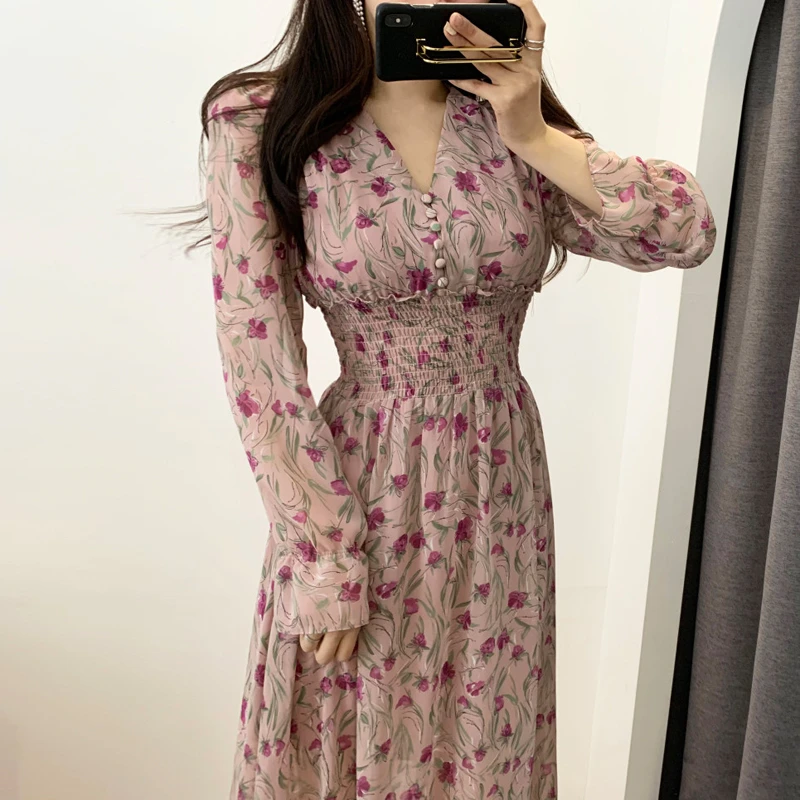 New Flower Dress Women Floral Chiffon Clothes Maxi Dresses Beach Elegant Autumn Pink Korean Long Sleeve V Neck Vestidos De Mujer