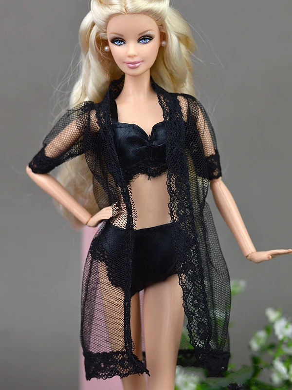 Doll Accessories Black Sexy Pajamas Lingerie Nightwear Lace Long Coat Night Wear + Bra + Underwear Clothes For Barbie Doll