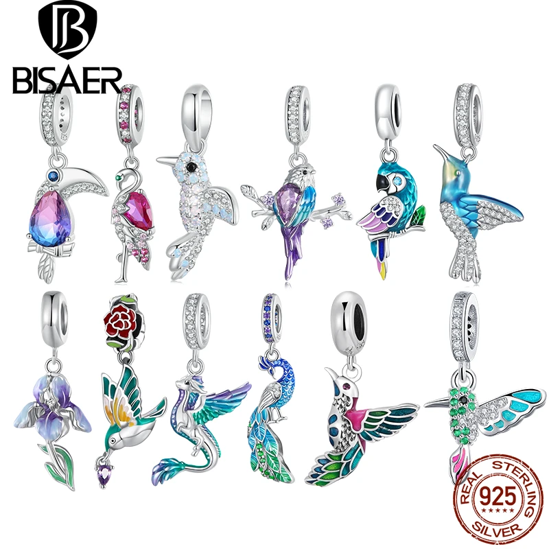 Bisaer 925 Sterling Silver Garden Series Colorful CZ Flower Bird Enamel Charms Fit Charm Bracelets Bangles DIY Jewelry ECC1531