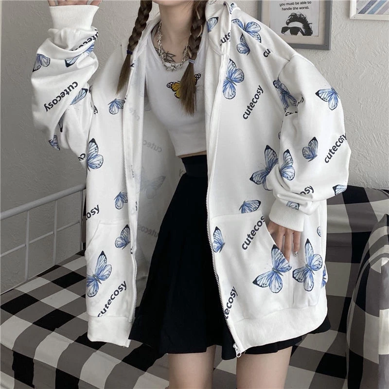 Summer Harajuku Butterfly Hoodie With Zipper Women Sweatshirt  2021 Spring Oversized Hoodies Outerwear Plus Size