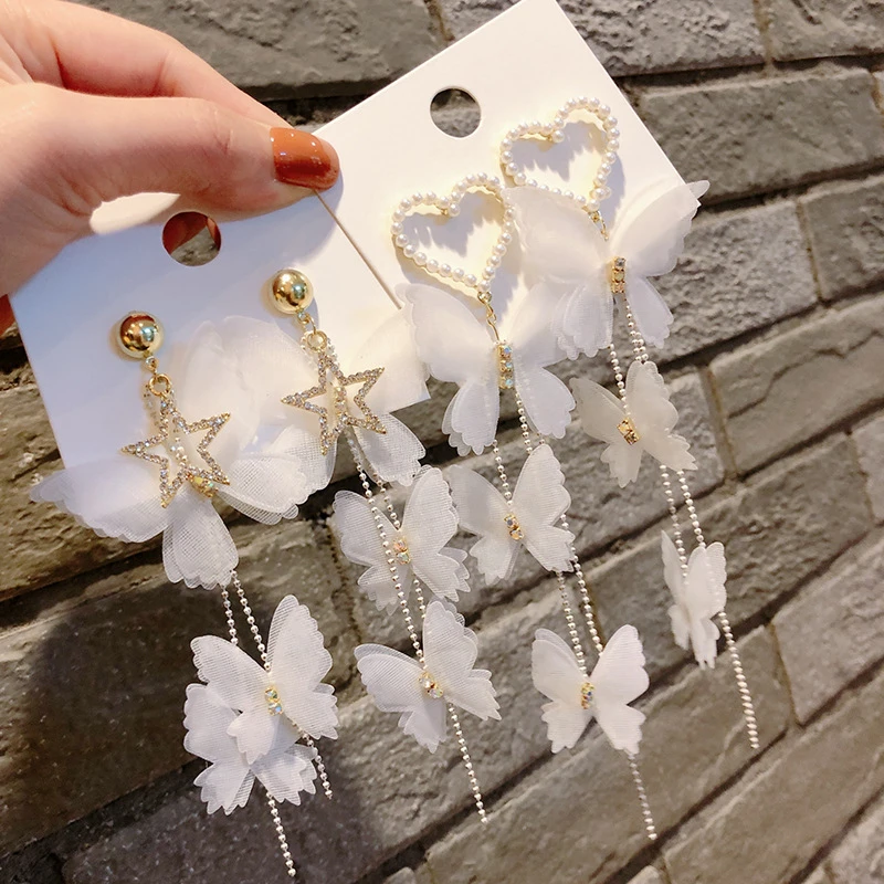 Korean New Luxurious Butterfly Rhinestone Dangle Earring Fashion Star Heart Long Tassel Earring for Women Party Jewelry